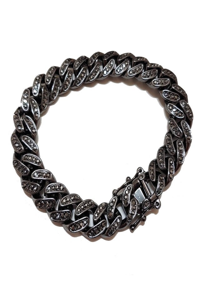 BLINGFACTORY Hip Hop Iced Black Hematite 12mm 8.5" Iced Box Lock Miami Cuban Chain Bracelet - Image 1